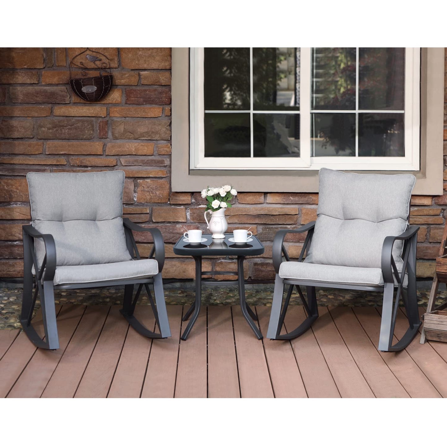 COSIEST 3 Piece Bistro Set Patio Rocking Chairs Outdoor Furniture w Warm Gray Cushions, Glass-Top Table for Garden, Pool, Backyard - CookCave