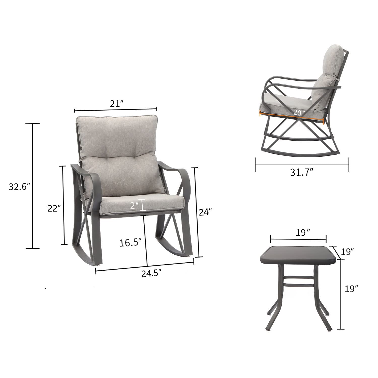 COSIEST 3 Piece Bistro Set Patio Rocking Chairs Outdoor Furniture w Warm Gray Cushions, Glass-Top Table for Garden, Pool, Backyard - CookCave