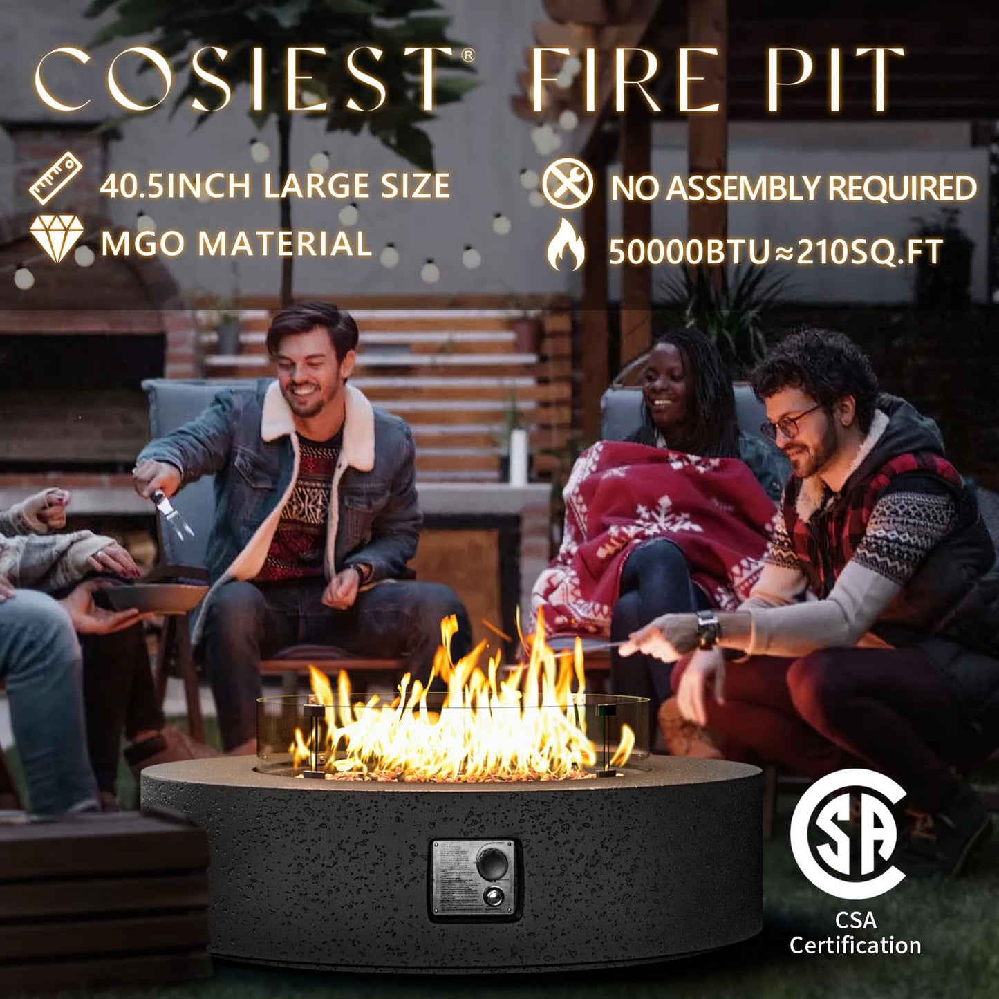 COSIEST 42 inch Outdoor Propane Fire Pit Coffee Table w Concrete Round Base Patio Heater, CSA Certified, 50,000 BTU Stainless Steel Burner, Free Lava Rocks, Rain Cover, Wind Guard, Tank Cover, Gray - CookCave