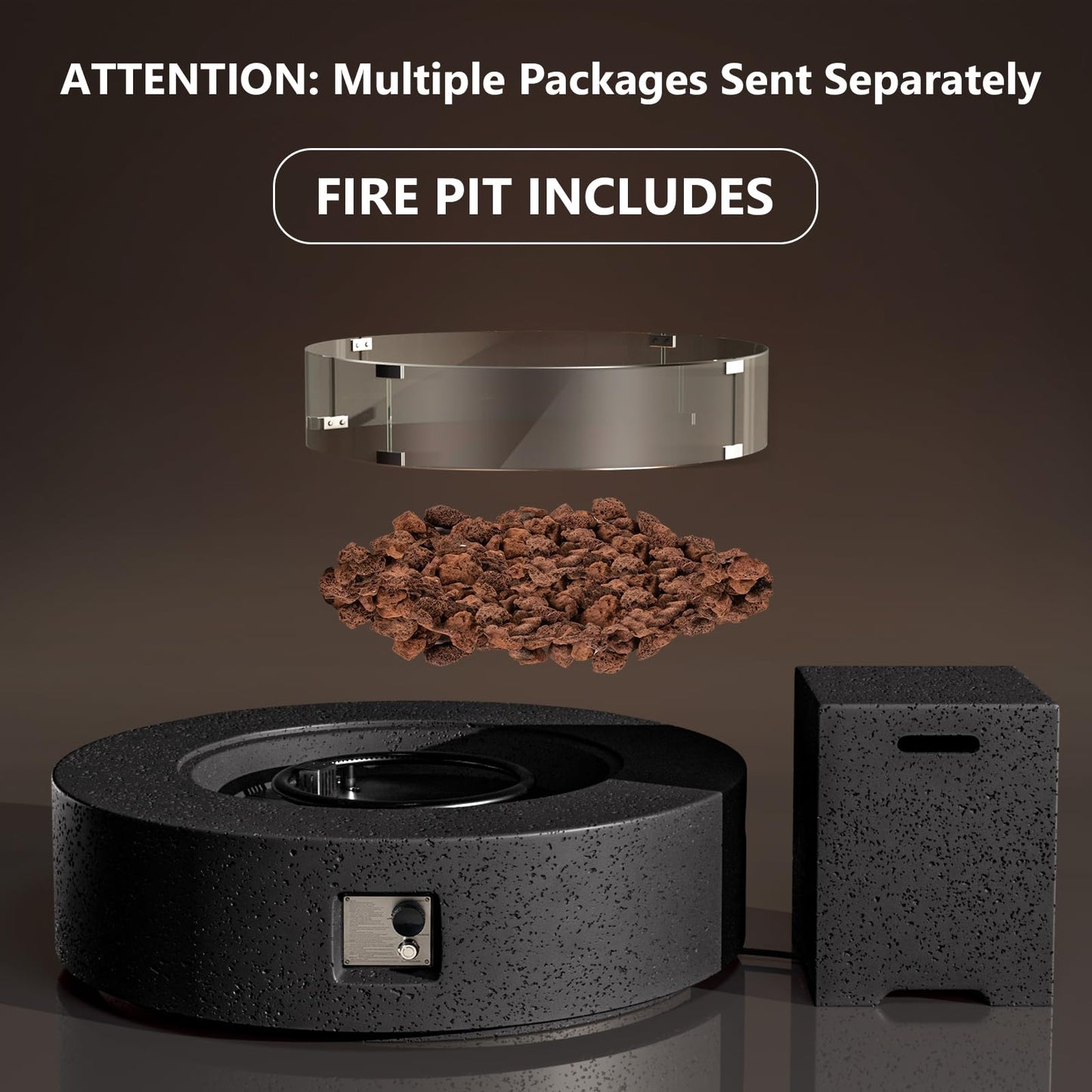 COSIEST 42 inch Outdoor Propane Fire Pit Coffee Table w Concrete Round Base Patio Heater, CSA Certified, 50,000 BTU Stainless Steel Burner, Free Lava Rocks, Rain Cover, Wind Guard, Tank Cover, Gray - CookCave