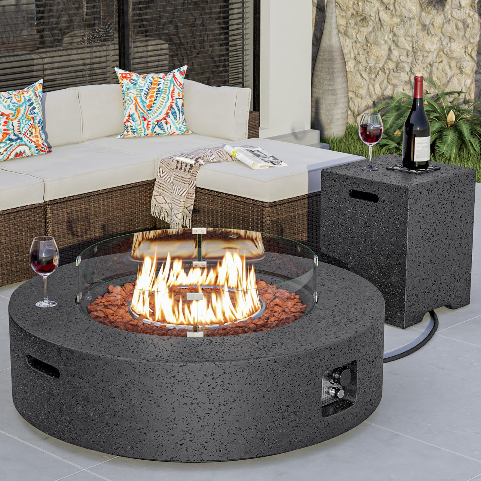 COSIEST 42 inch Outdoor Propane Fire Pit Coffee Table w Concrete Round Base Patio Heater, CSA Certified, 50,000 BTU Stainless Steel Burner, Free Lava Rocks, Rain Cover, Wind Guard, Tank Cover, Gray - CookCave