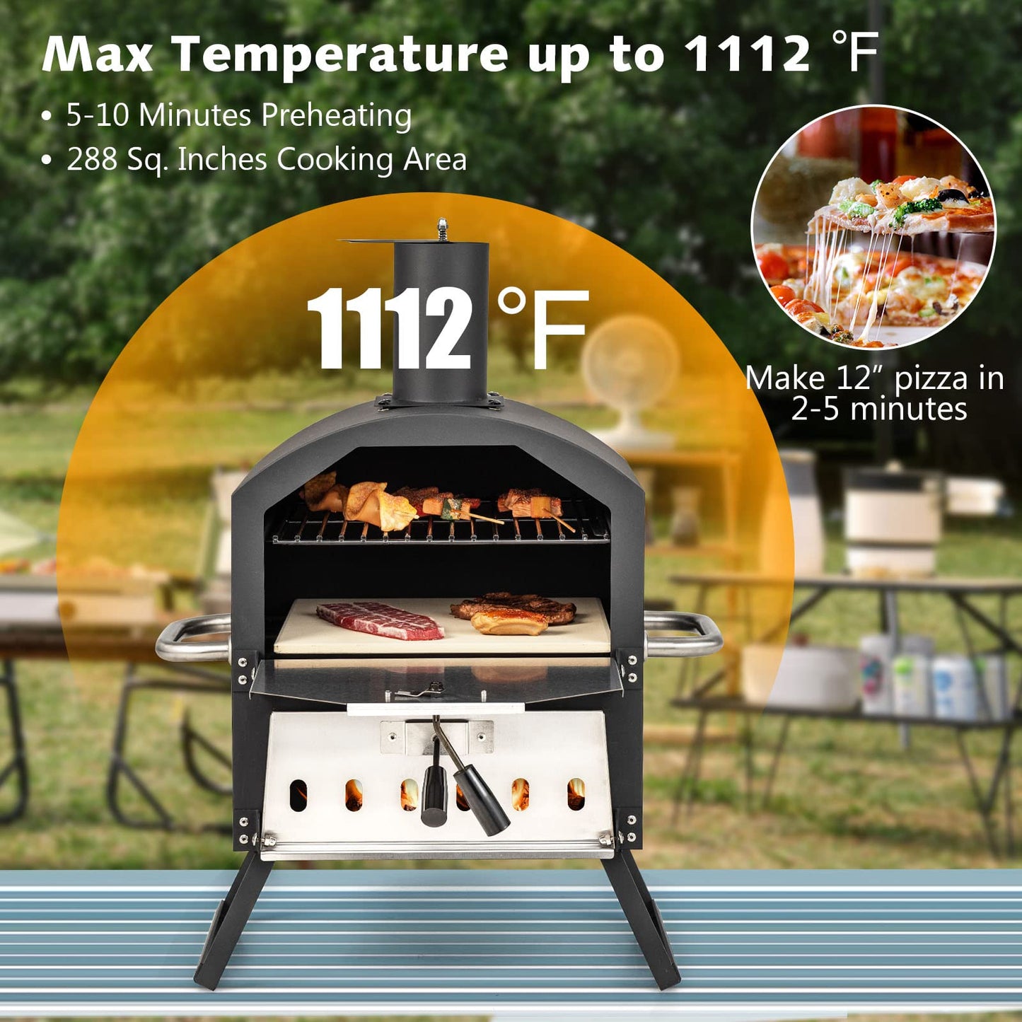 COSTWAY 10814BK-CYNP, Cooking 2, Wood Fire Peel, Stone, Waterproof Cover, Fold-up Legs, Portable Stainless Steel Maker for Camping, Picnic Outdoor Pizza Oven, Black + Silver - CookCave