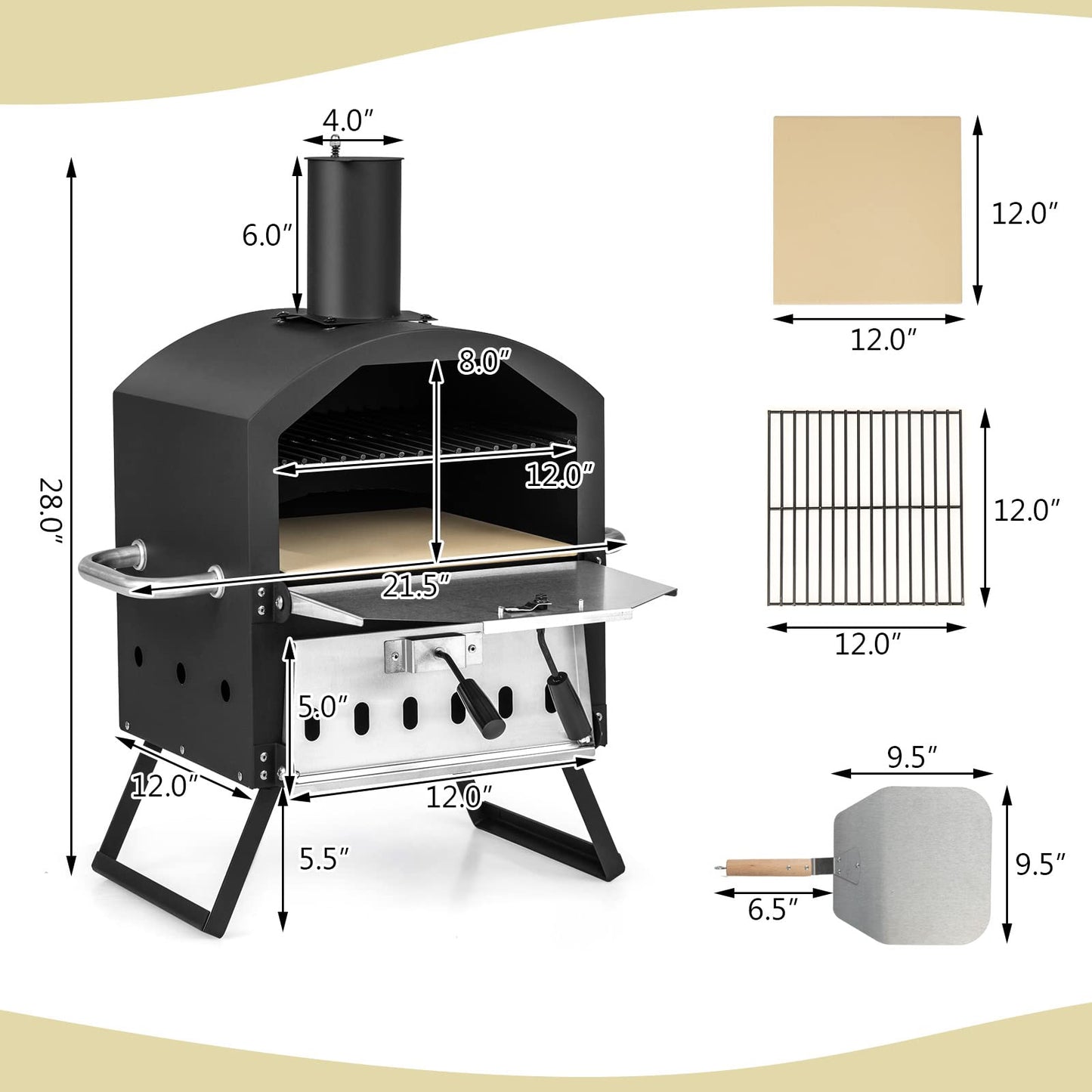 COSTWAY 10814BK-CYNP, Cooking 2, Wood Fire Peel, Stone, Waterproof Cover, Fold-up Legs, Portable Stainless Steel Maker for Camping, Picnic Outdoor Pizza Oven, Black + Silver - CookCave