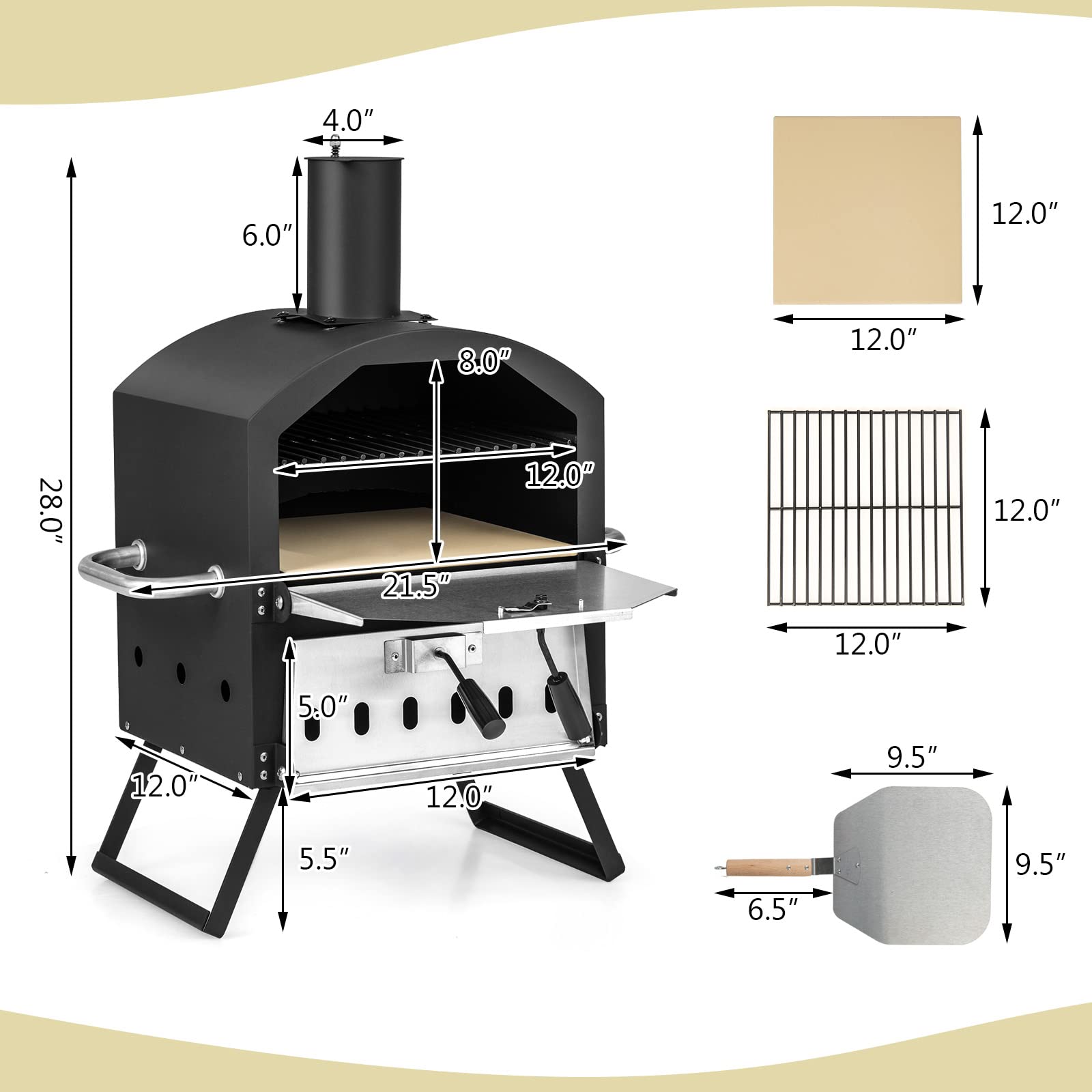 COSTWAY 10814BK-CYNP, Cooking 2, Wood Fire Peel, Stone, Waterproof Cover, Fold-up Legs, Portable Stainless Steel Maker for Camping, Picnic Outdoor Pizza Oven, Black + Silver - CookCave