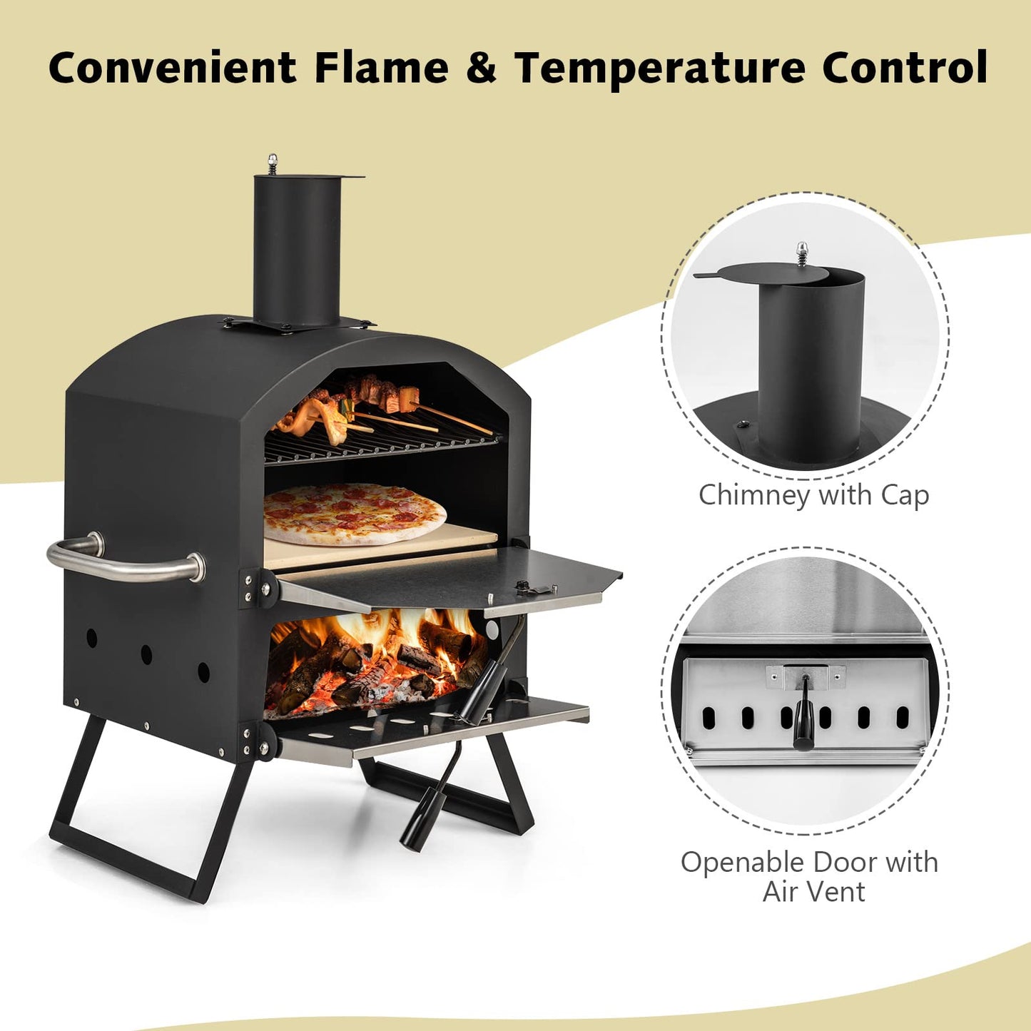 COSTWAY 10814BK-CYNP, Cooking 2, Wood Fire Peel, Stone, Waterproof Cover, Fold-up Legs, Portable Stainless Steel Maker for Camping, Picnic Outdoor Pizza Oven, Black + Silver - CookCave