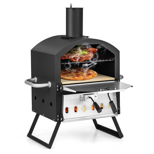 COSTWAY 10814BK-CYNP, Cooking 2, Wood Fire Peel, Stone, Waterproof Cover, Fold-up Legs, Portable Stainless Steel Maker for Camping, Picnic Outdoor Pizza Oven, Black + Silver - CookCave