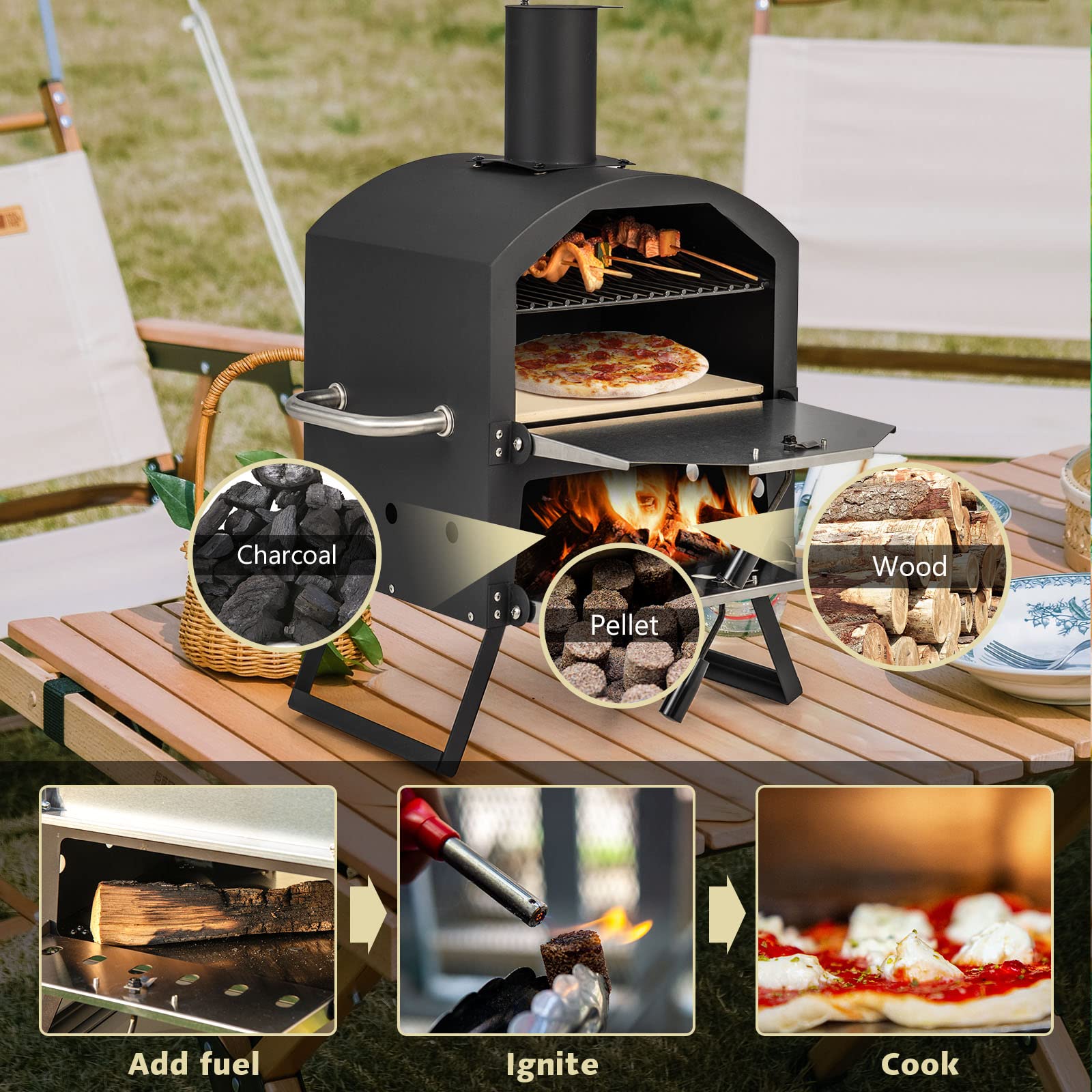 COSTWAY 10814BK-CYNP, Cooking 2, Wood Fire Peel, Stone, Waterproof Cover, Fold-up Legs, Portable Stainless Steel Maker for Camping, Picnic Outdoor Pizza Oven, Black + Silver - CookCave