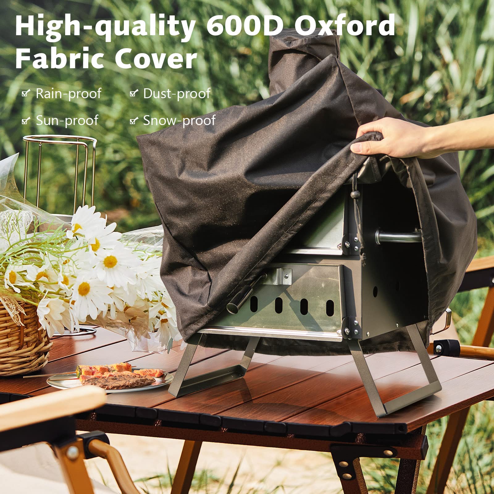 COSTWAY 10814BK-CYNP, Cooking 2, Wood Fire Peel, Stone, Waterproof Cover, Fold-up Legs, Portable Stainless Steel Maker for Camping, Picnic Outdoor Pizza Oven, Black + Silver - CookCave
