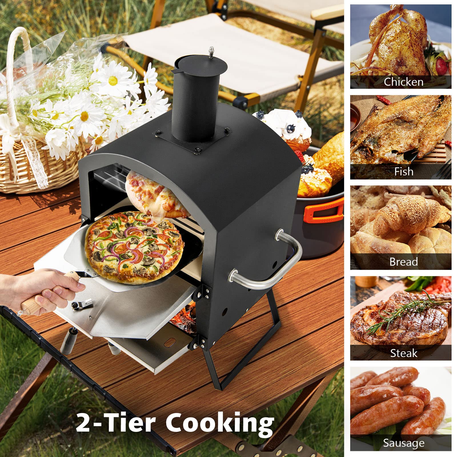 COSTWAY 10814BK-CYNP, Cooking 2, Wood Fire Peel, Stone, Waterproof Cover, Fold-up Legs, Portable Stainless Steel Maker for Camping, Picnic Outdoor Pizza Oven, Black + Silver - CookCave