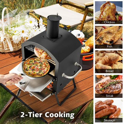 COSTWAY 10814BK-CYNP, Cooking 2, Wood Fire Peel, Stone, Waterproof Cover, Fold-up Legs, Portable Stainless Steel Maker for Camping, Picnic Outdoor Pizza Oven, Black + Silver - CookCave