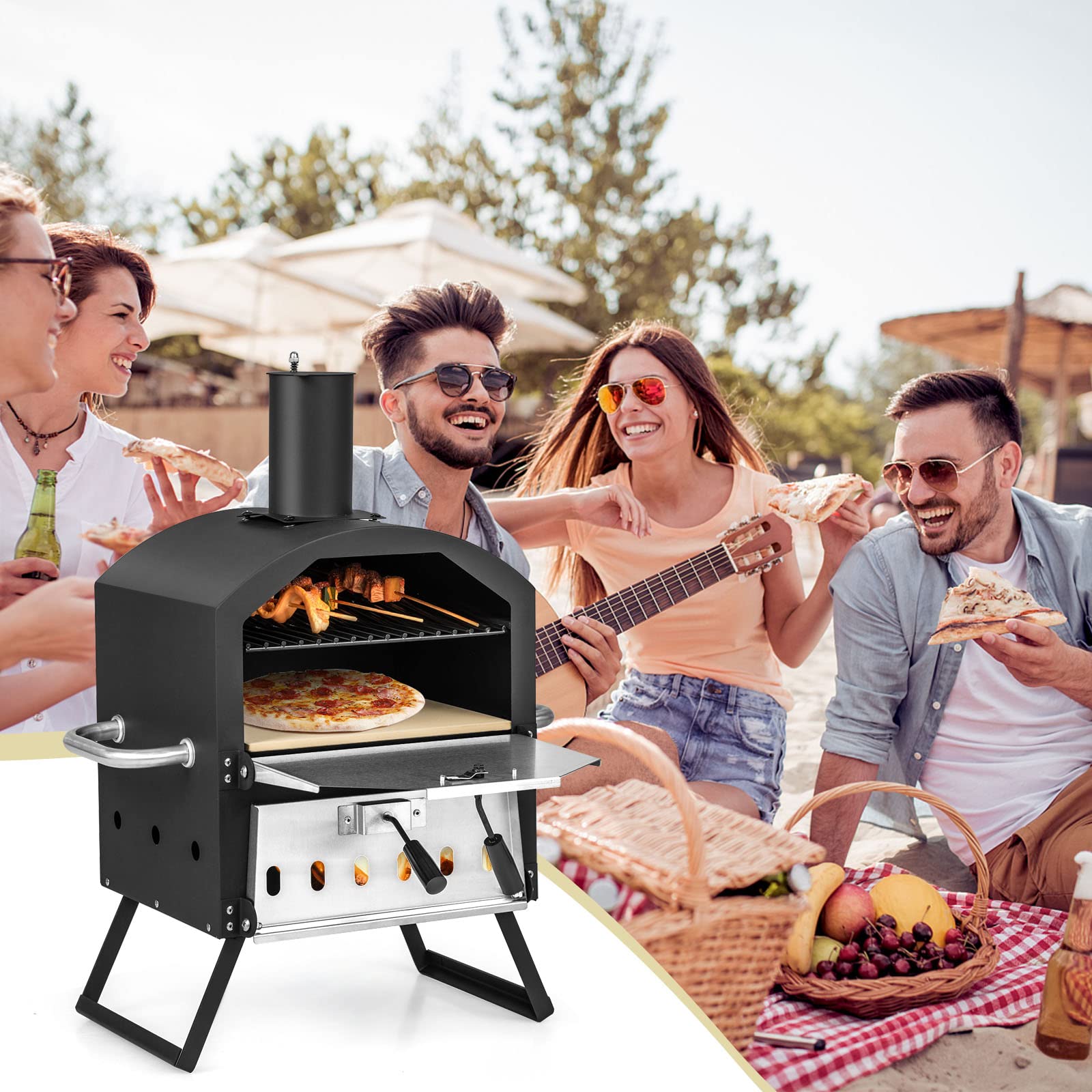 COSTWAY 10814BK-CYNP, Cooking 2, Wood Fire Peel, Stone, Waterproof Cover, Fold-up Legs, Portable Stainless Steel Maker for Camping, Picnic Outdoor Pizza Oven, Black + Silver - CookCave