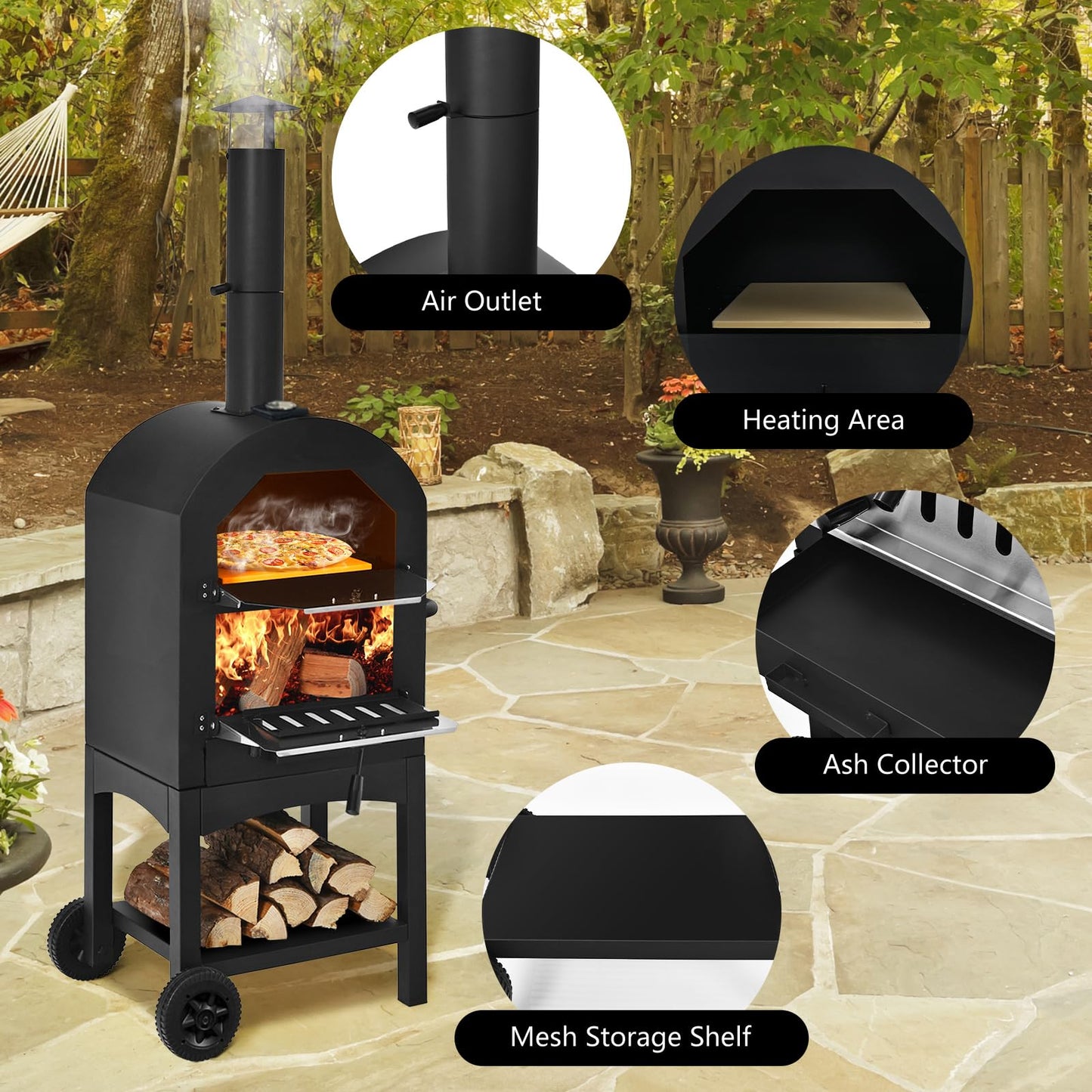 COSTWAY 70813-CYOP, Wood Fired Outside, Patio Grill Stone, Peel, and Waterproof Cover for Backyard Camping Outdoor Pizza Oven, Black - CookCave