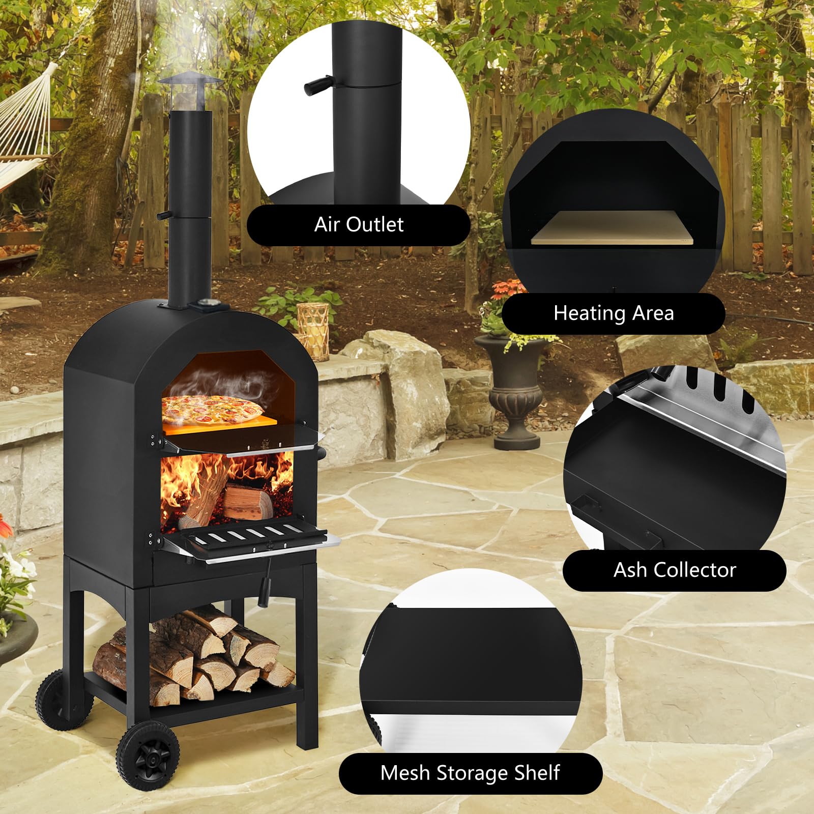 COSTWAY 70813-CYOP, Wood Fired Outside, Patio Grill Stone, Peel, and Waterproof Cover for Backyard Camping Outdoor Pizza Oven, Black - CookCave