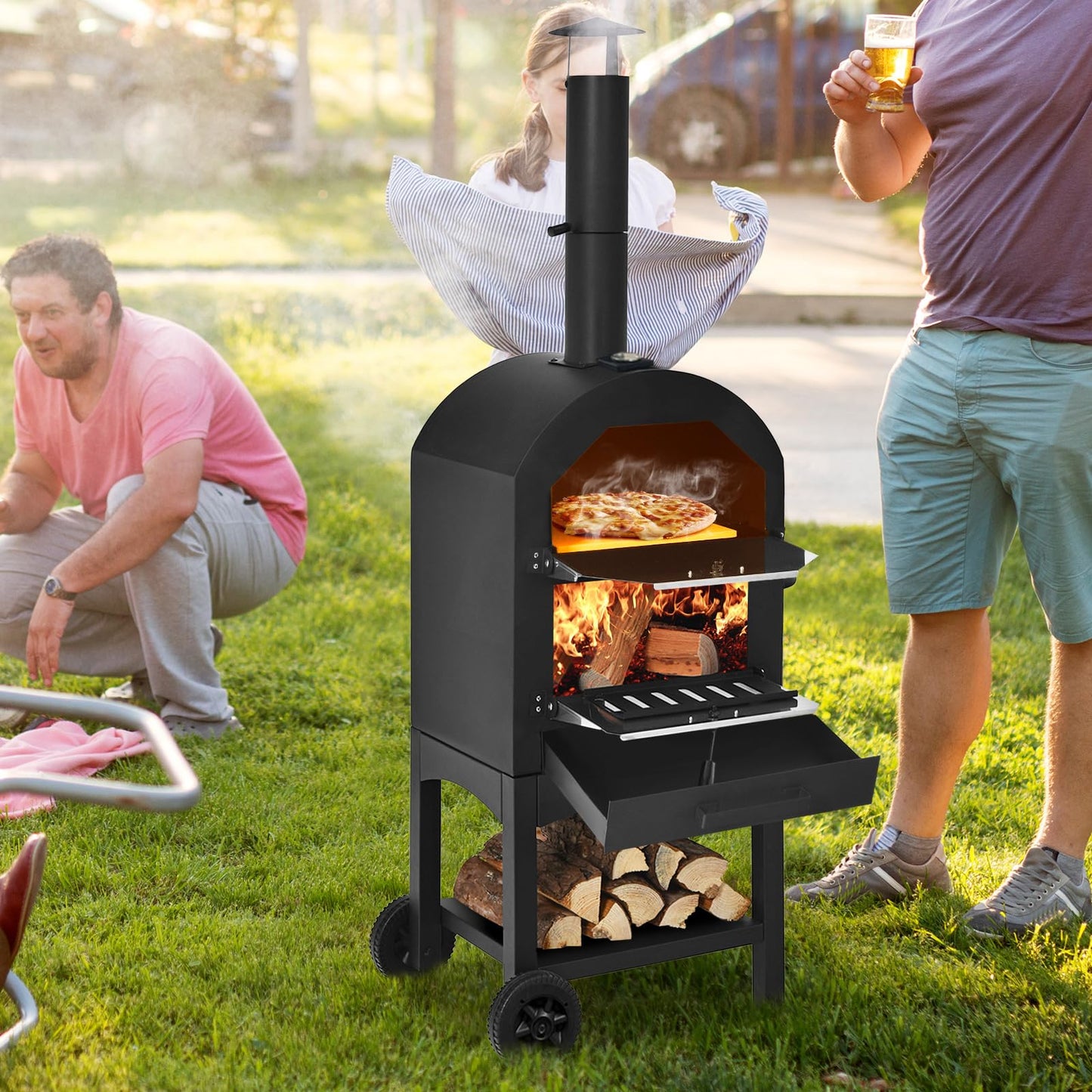 COSTWAY 70813-CYOP, Wood Fired Outside, Patio Grill Stone, Peel, and Waterproof Cover for Backyard Camping Outdoor Pizza Oven, Black - CookCave