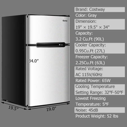 COSTWAY Compact Refrigerator, 3.2 cu ft. Unit 2-Door Mini Freezer Cooler Fridge with Reversible Door, Removable Glass Shelves, Mechanical Control, Recessed Handle for Dorm, Office, Apartment (Grey) - CookCave
