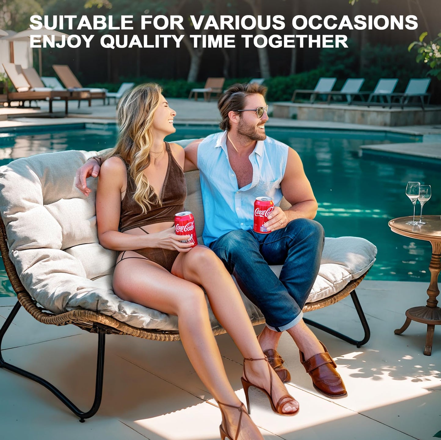 Crestlive Products Outdoor Loveseat, 2 Seater Outdoor Couch with Soft Cushion, All-Weather Boho Rattan Patio Furniture for Balcony, Poolside, Backyard, Porch (Beige) - CookCave