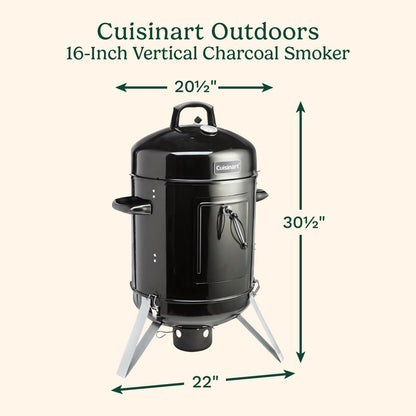 Cuisinart 16” Vertical Charcoal Smoker, Integrated Thermometer, Water Bowl and Dual Vents Perfect for Smoked Brisket, Chrome Plated Grates Smoker Grill for BBQ, Camping, Tailgates - CookCave