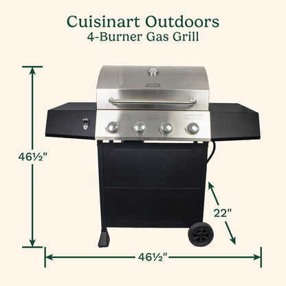 Cuisinart 4-Burner Gas Grill, 44,000 BTU Stainless Steel Full Size Propane Grill with Cast Iron Grates, Outdoor Barbecue with Large Cooking Space and Side Tables for Prep - CookCave