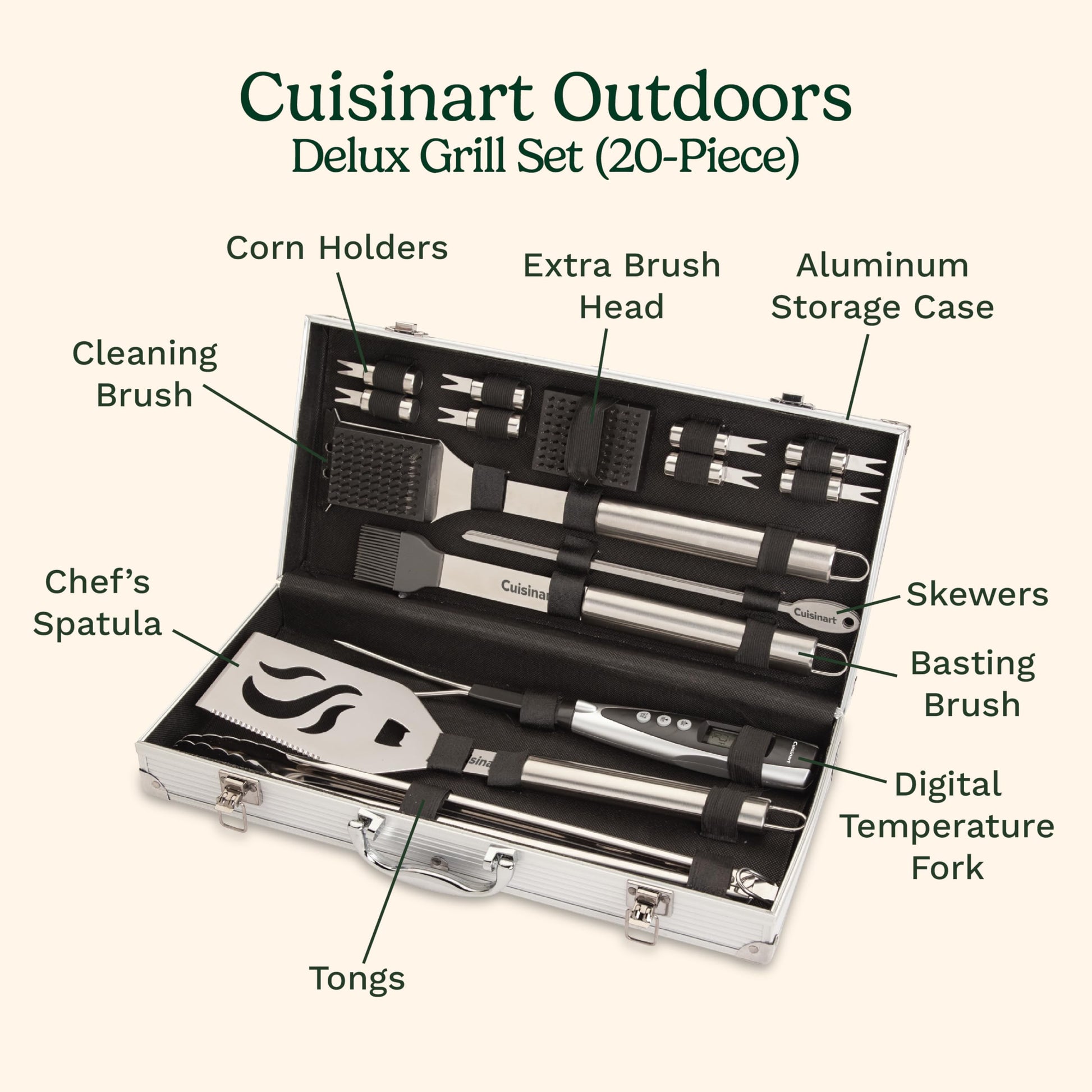Cuisinart Deluxe Grill Tool Set, 20-Piece BBQ Tools Grill Accessories with Aluminum Case & Digital Temperature Fork, Stainless Steel Spatula, Tongs, Grill Accessories & Utensils, Grilling Set for BBQ - CookCave