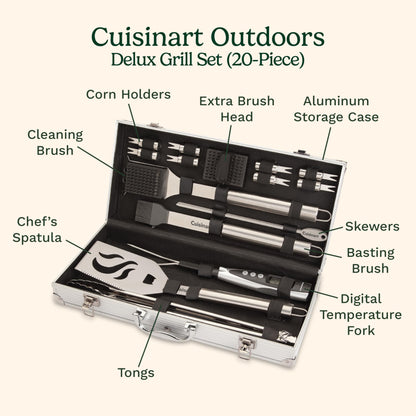 Cuisinart Deluxe Grill Tool Set, 20-Piece BBQ Tools Grill Accessories with Aluminum Case & Digital Temperature Fork, Stainless Steel Spatula, Tongs, Grill Accessories & Utensils, Grilling Set for BBQ - CookCave