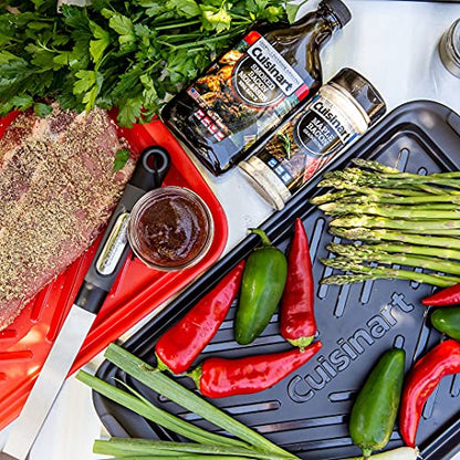 Cuisinart Grilling Prep and Serve Trays, 17x10.5 inch BBQ Safe for Food Handling, 2 Dishwasher Safe Nesting Trays Black and Red, Perfect Grilling Tray for Cooked and Raw Meat, Fits 6 Burgers - CookCave