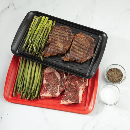 Cuisinart Grilling Prep and Serve Trays, 17x10.5 inch BBQ Safe for Food Handling, 2 Dishwasher Safe Nesting Trays Black and Red, Perfect Grilling Tray for Cooked and Raw Meat, Fits 6 Burgers - CookCave