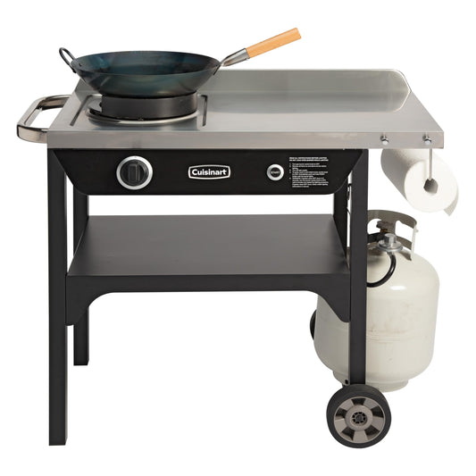 Cuisinart Outdoor Wok Station, 50,000 BTU Propane Outdoor Wok Burner with Prep Table, 14" Carbon Steel Fry Pan, Stainless Steel Side Table, Storage, Outdoor Cooking Station for Stir Fry, Searing, BBQ - CookCave