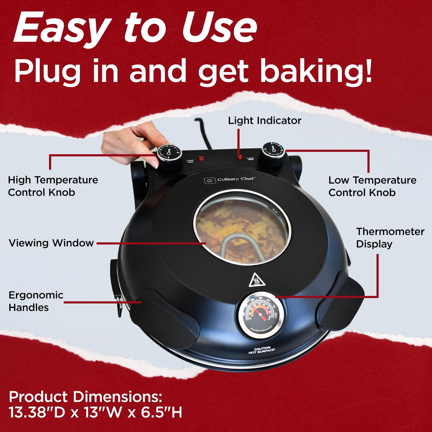 CULINARY CHEF Electric Pizza Oven with Ceramic Stone, Viewing Window, Adjustable Heat Control, Timer and 1200W Baking Power, DIY Homemade Pizzeria, Large 12” Pie Capacity (Black) - CookCave