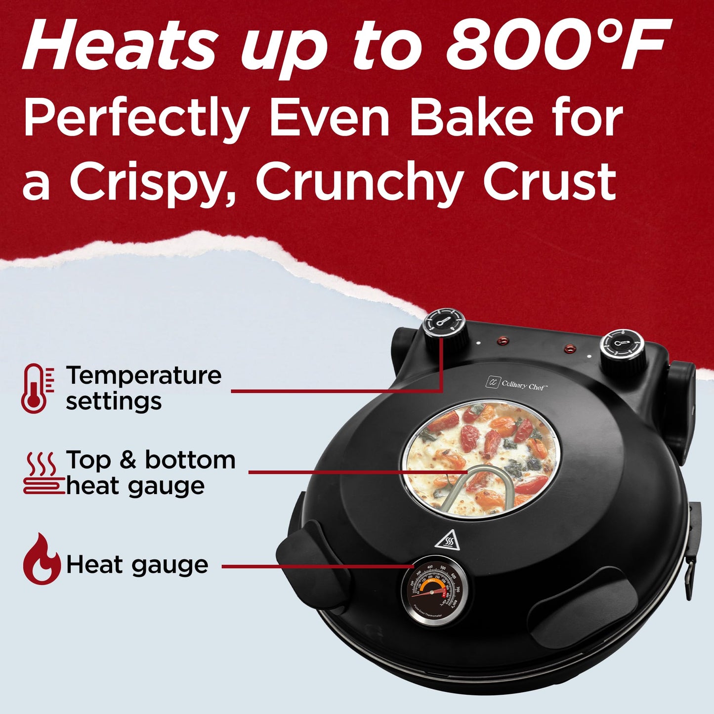 CULINARY CHEF Electric Pizza Oven with Ceramic Stone, Viewing Window, Adjustable Heat Control, Timer and 1200W Baking Power, DIY Homemade Pizzeria, Large 12” Pie Capacity (Black) - CookCave