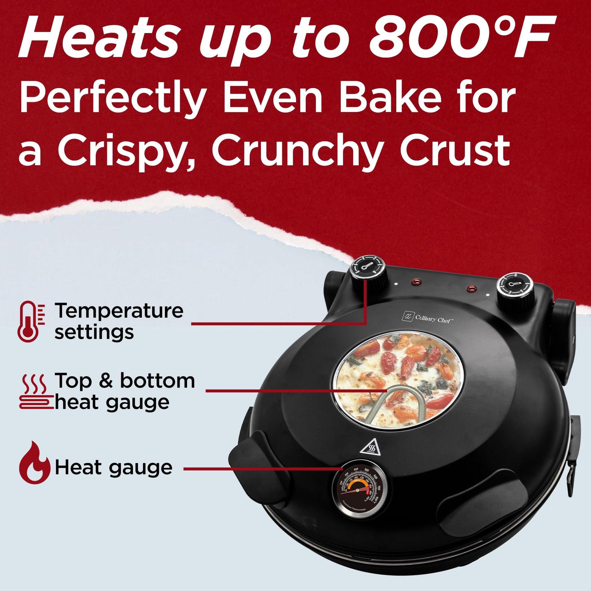CULINARY CHEF Electric Pizza Oven with Ceramic Stone, Viewing Window, Adjustable Heat Control, Timer and 1200W Baking Power, DIY Homemade Pizzeria, Large 12” Pie Capacity (Black) - CookCave