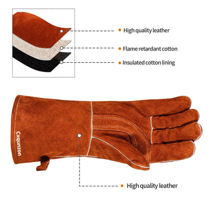 Cxqunzon Leather Welding Gloves - Thick Premium Cow Split Leather, Heat & Fire Resistant, Pot Holders For Oven,TIG/MIG Welding, Grilling, BBQ&Fireplace,Tig Welder, Animal Handling - CookCave