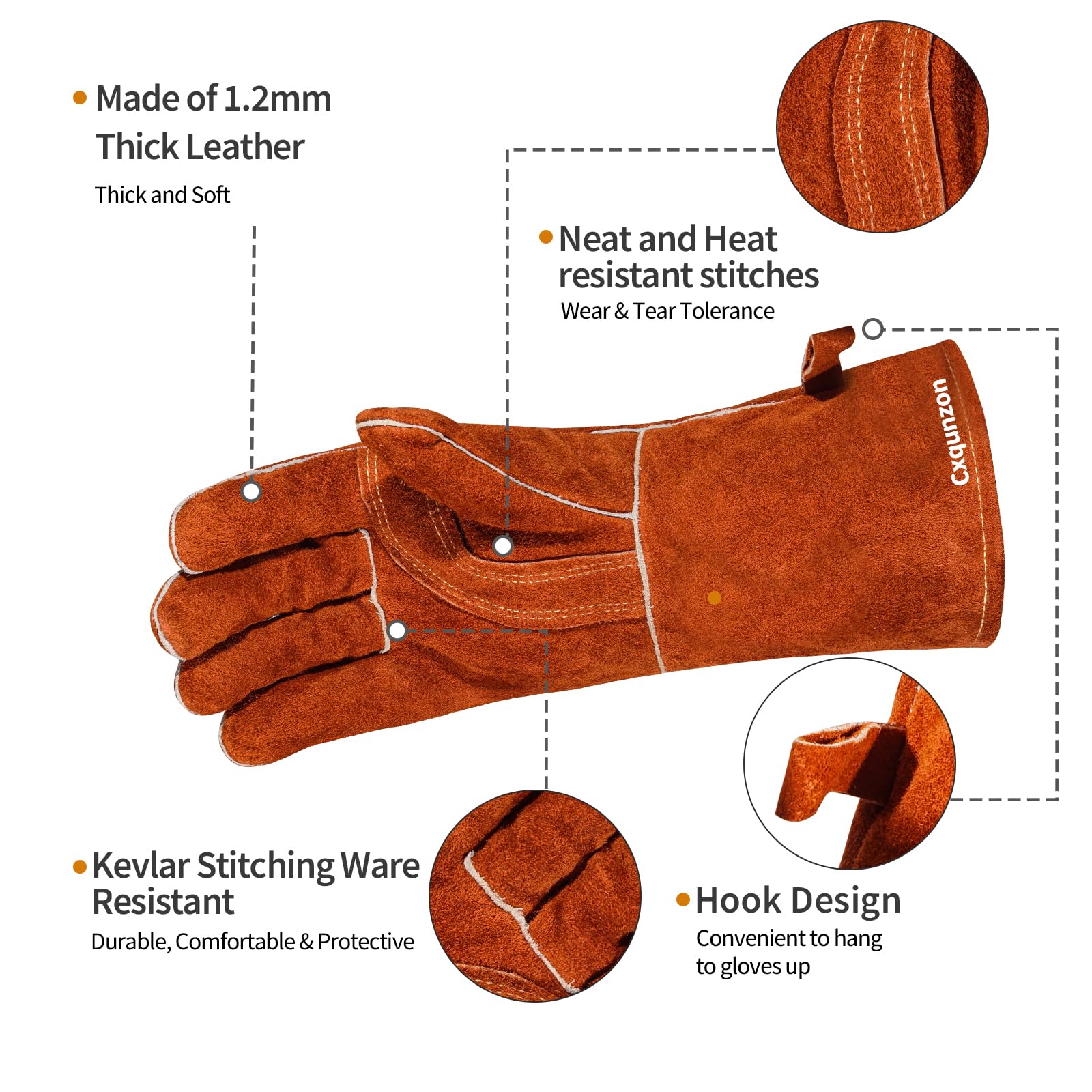 Cxqunzon Leather Welding Gloves - Thick Premium Cow Split Leather, Heat & Fire Resistant, Pot Holders For Oven,TIG/MIG Welding, Grilling, BBQ&Fireplace,Tig Welder, Animal Handling - CookCave