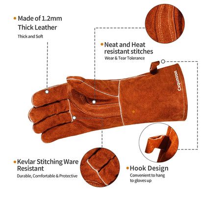 Cxqunzon Leather Welding Gloves - Thick Premium Cow Split Leather, Heat & Fire Resistant, Pot Holders For Oven,TIG/MIG Welding, Grilling, BBQ&Fireplace,Tig Welder, Animal Handling - CookCave