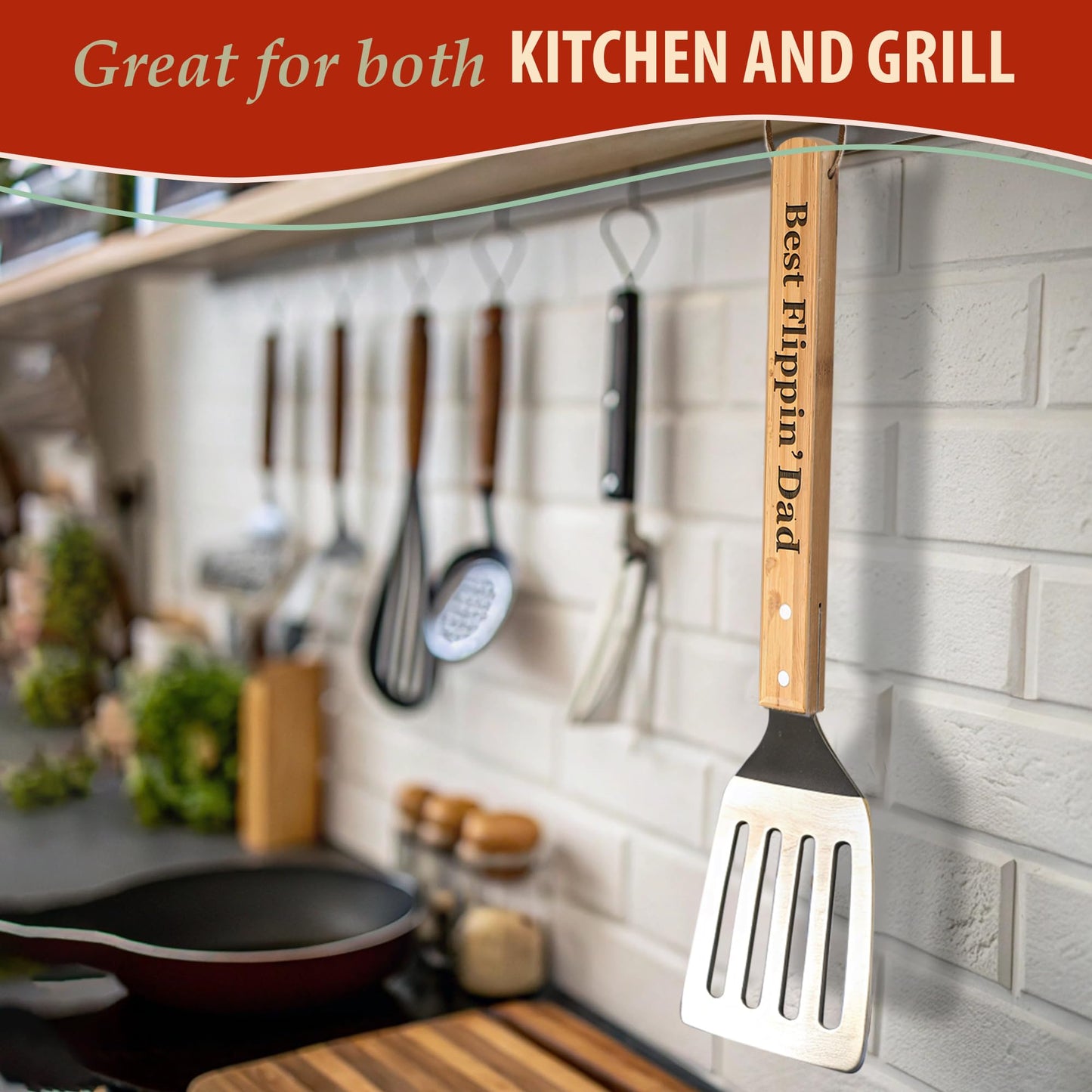 Dad Spatula - Best Flippin' Dad - Funny BBQ Grill Spatula for Dad, Grandad - Sturdy Spatula with Laser-Engraved Bamboo Handle - Thoughtful Fathers Day BBQ Gifts - CookCave
