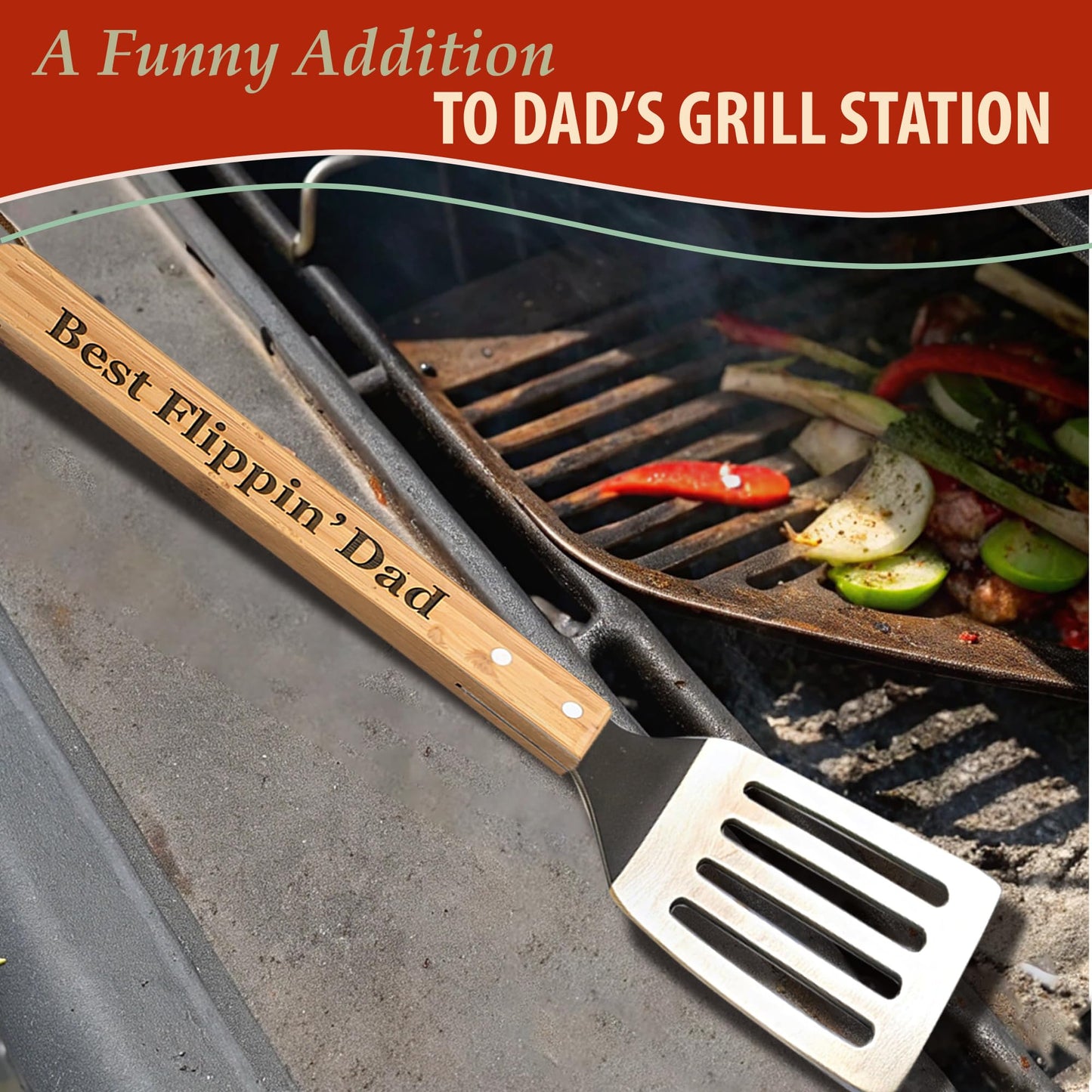 Dad Spatula - Best Flippin' Dad - Funny BBQ Grill Spatula for Dad, Grandad - Sturdy Spatula with Laser-Engraved Bamboo Handle - Thoughtful Fathers Day BBQ Gifts - CookCave