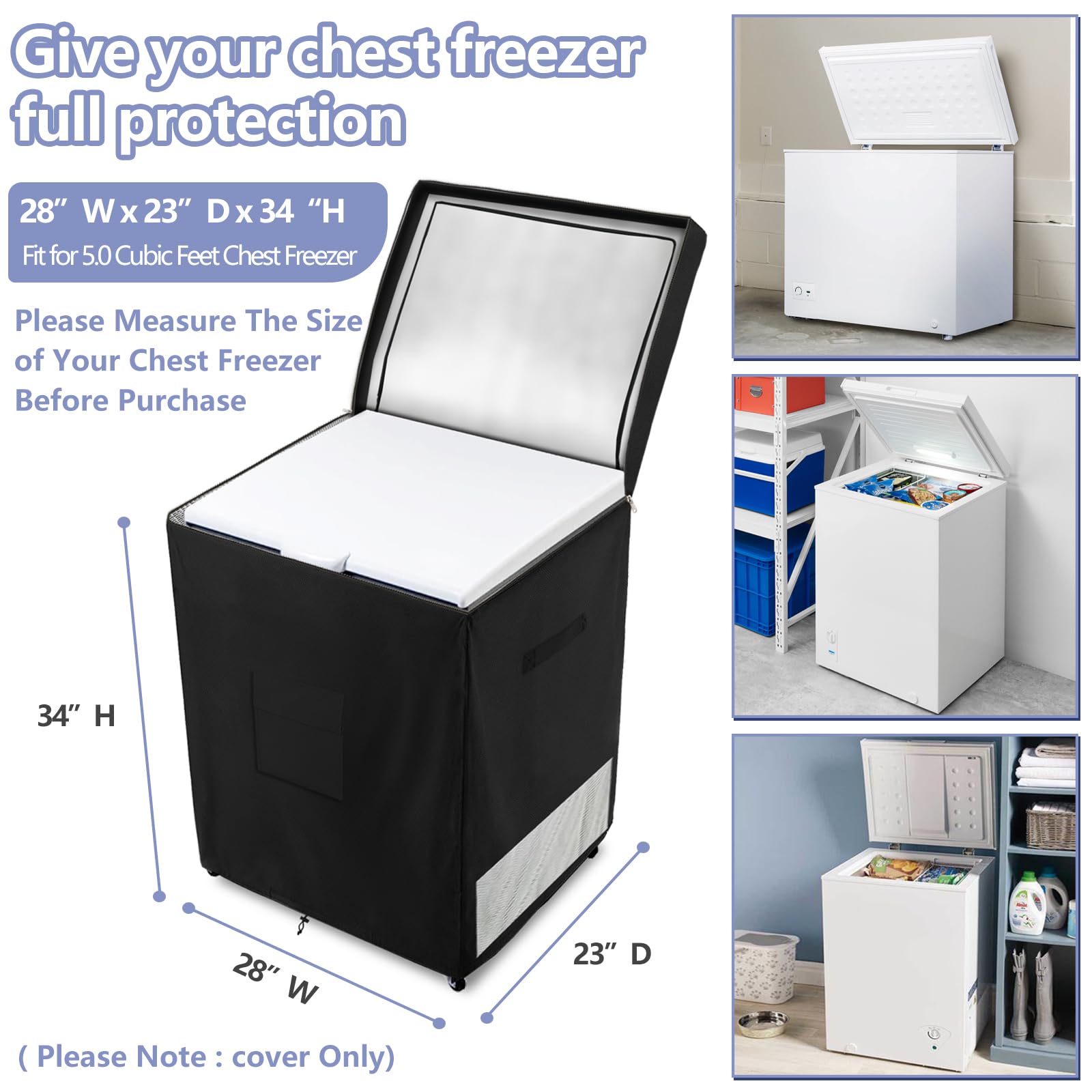 Dalema Outdoor Deep Freezer Cover,Heavy Duty 600D 100% Waterproof Chest Freezer Cover,Freezer Covers for Outside 5.0 Cubic Chest Freezer,Top Can Be Opened by Zipper(28"W x 23"D x 34"H,Black) - CookCave