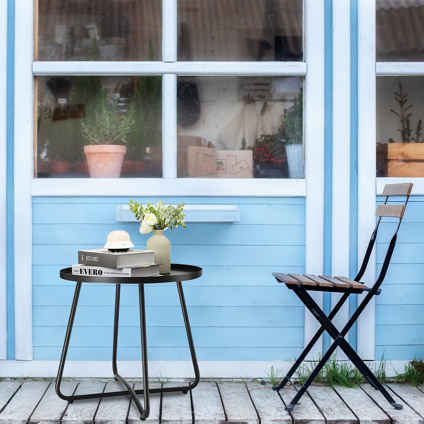 danpinera Outdoor Side Tables, Weather Resistant Steel, Small Round End Table for Patio Yard Balcony Garden Bedside Black - CookCave