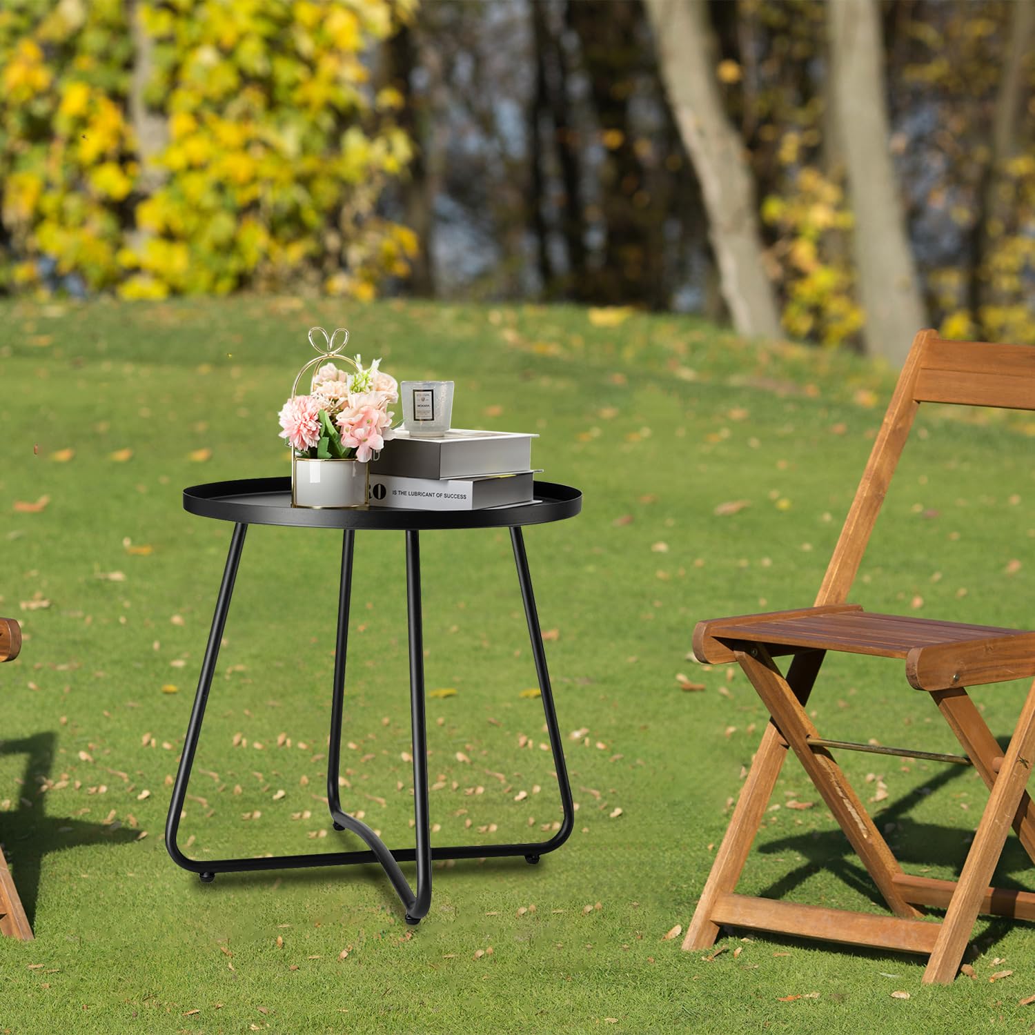 danpinera Outdoor Side Tables, Weather Resistant Steel, Small Round End Table for Patio Yard Balcony Garden Bedside Black - CookCave