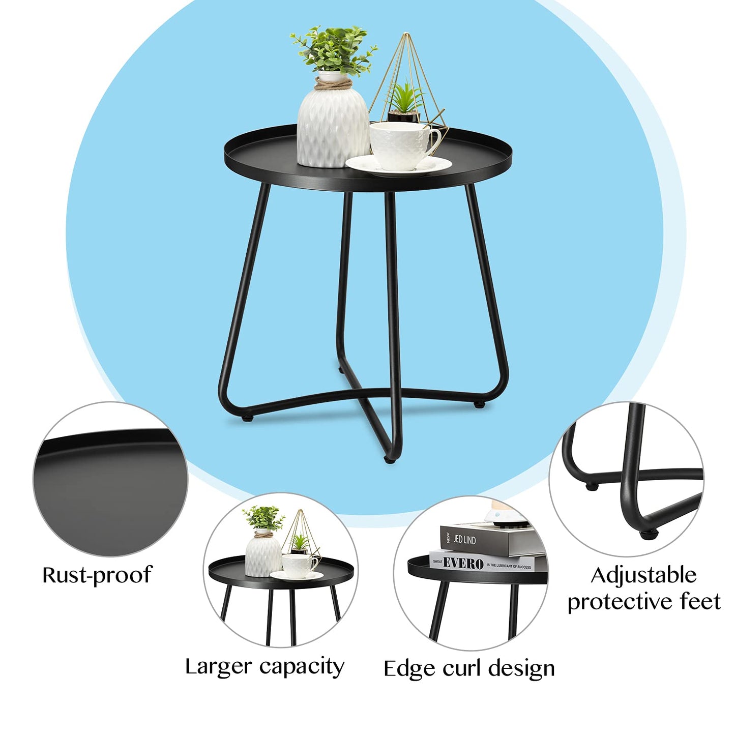 danpinera Outdoor Side Tables, Weather Resistant Steel, Small Round End Table for Patio Yard Balcony Garden Bedside Black - CookCave