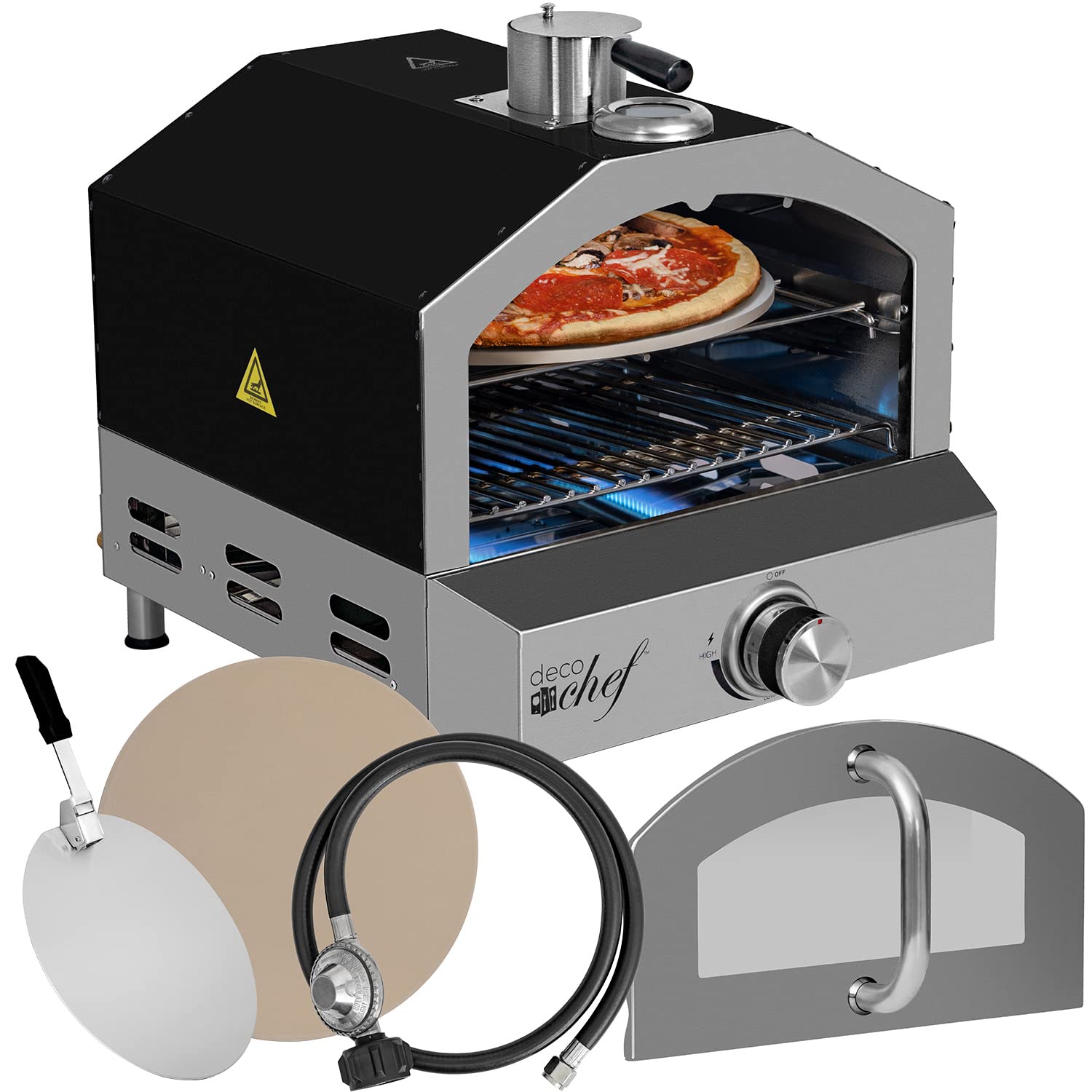 Deco Chef Propane Gas Outdoor Pizza Oven and Grill, includes Peel, Stone, Grill Rack, and Built-in Thermometer, Black - CookCave