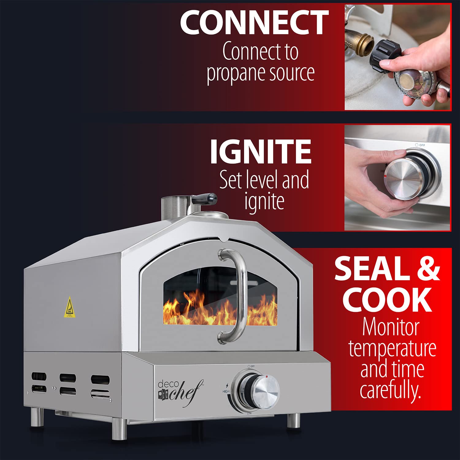 Deco Chef Propane Gas Outdoor Pizza Oven and Grill, includes Peel, Stone, Grill Rack, and Built-in Thermometer, Stainless Steel - CookCave
