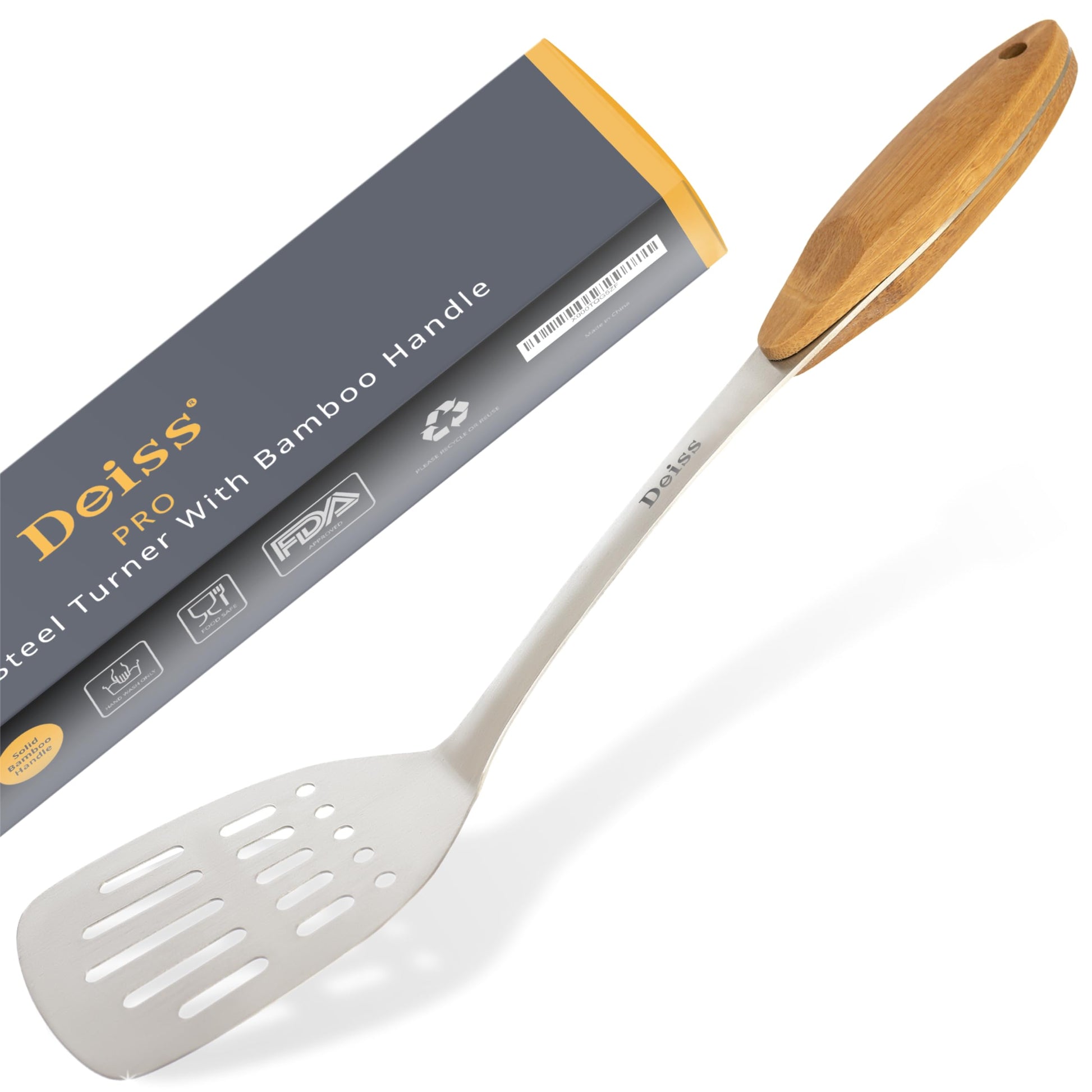 Deiss PRO Stainless Steel Spatula with Wooden Handle — Slotted BBQ Turner — Perfect for Grilling, Scraping, Turning Meat, Mixing Scrambled Eggs, Flipping Burgers - Comfortable Bamboo Handle - CookCave