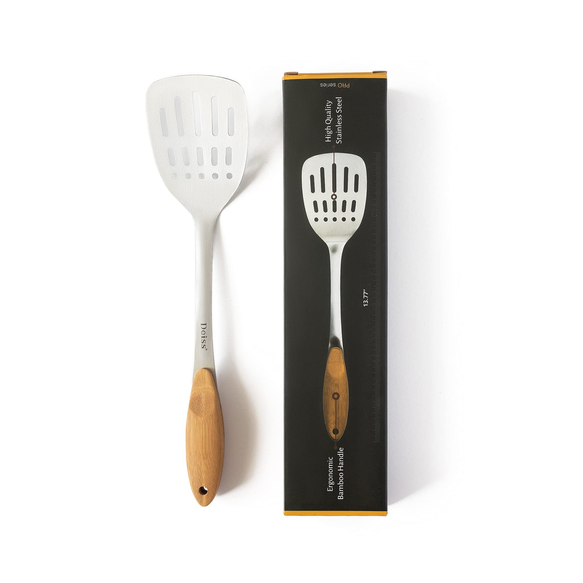Deiss PRO Stainless Steel Spatula with Wooden Handle — Slotted BBQ Turner — Perfect for Grilling, Scraping, Turning Meat, Mixing Scrambled Eggs, Flipping Burgers - Comfortable Bamboo Handle - CookCave