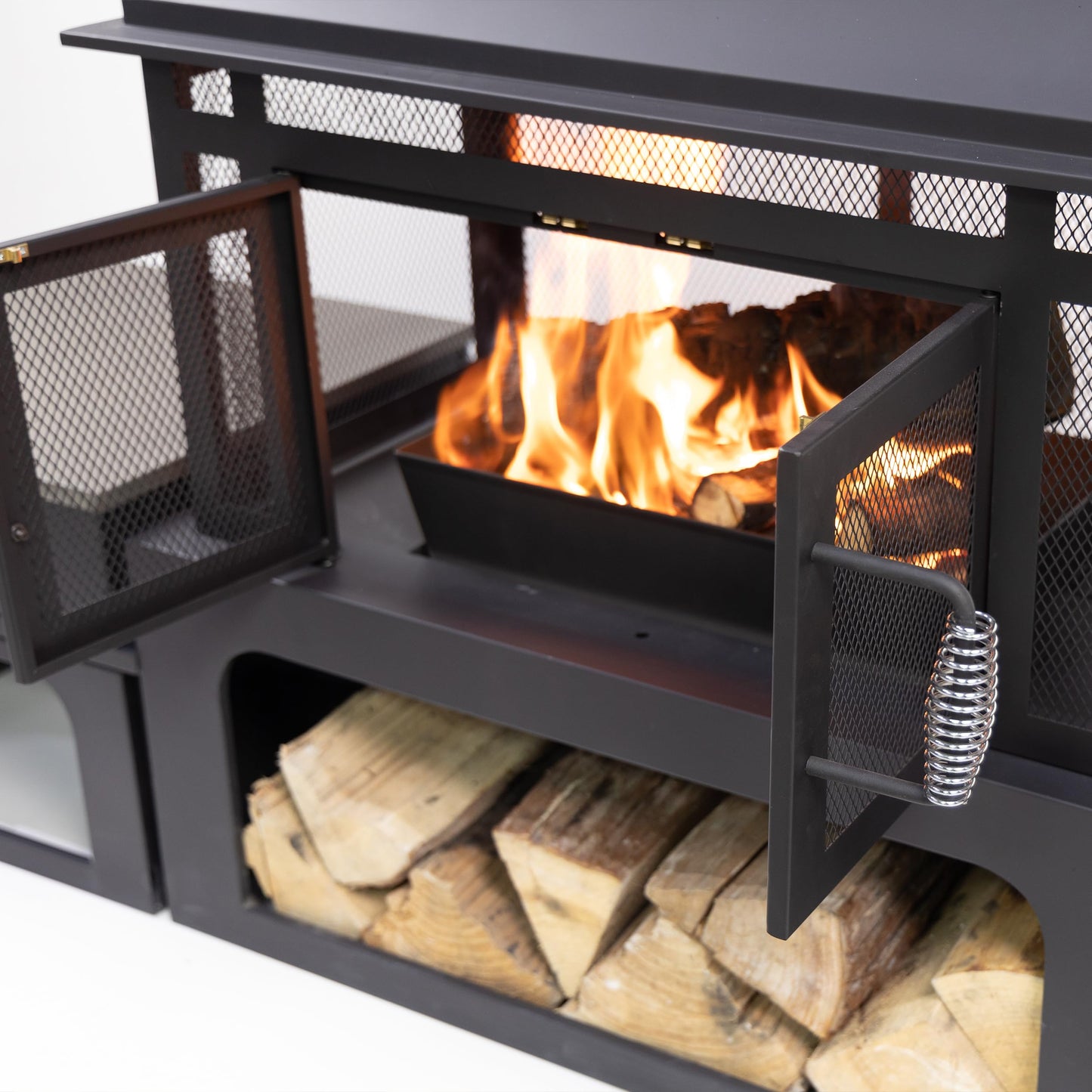 Deko Living 70 Inch Rectangular Outdoor Steel Woodburning Fireplace with Side Tables - Integrated Log Storage and Log Poker - CookCave