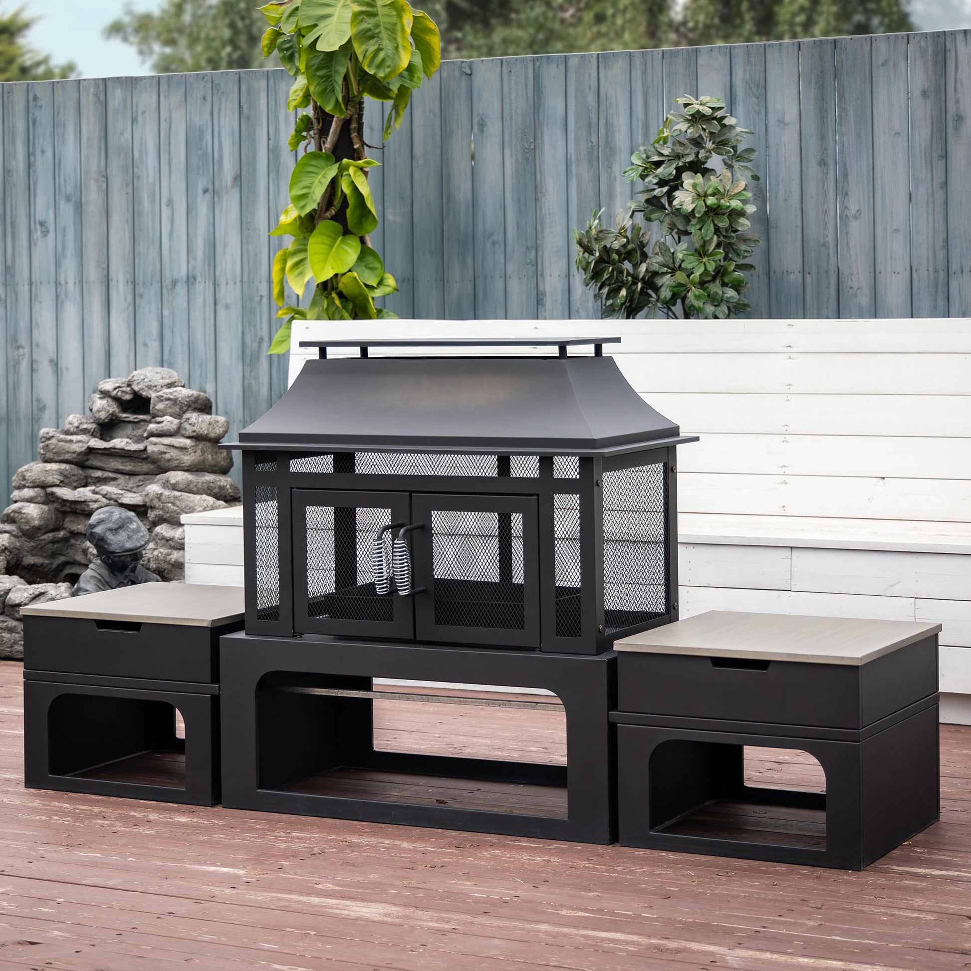 Deko Living 70 Inch Rectangular Outdoor Steel Woodburning Fireplace with Side Tables - Integrated Log Storage and Log Poker - CookCave