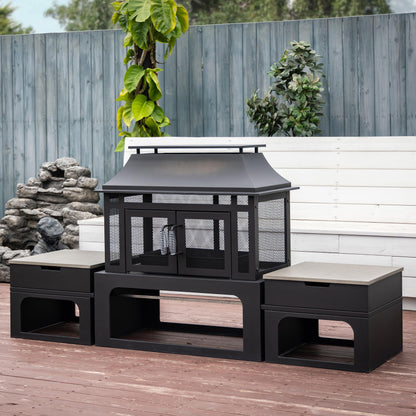 Deko Living 70 Inch Rectangular Outdoor Steel Woodburning Fireplace with Side Tables - Integrated Log Storage and Log Poker - CookCave