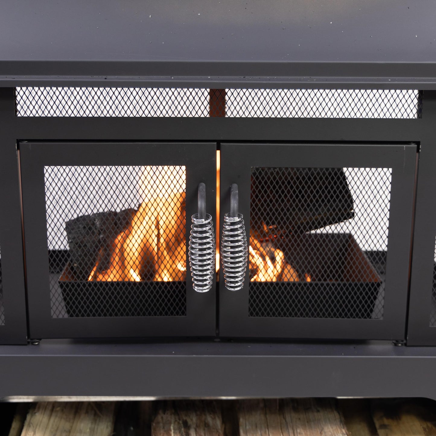 Deko Living 70 Inch Rectangular Outdoor Steel Woodburning Fireplace with Side Tables - Integrated Log Storage and Log Poker - CookCave