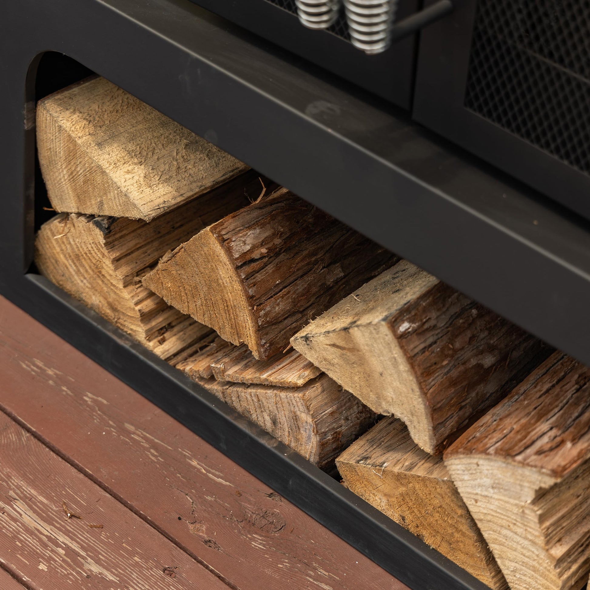 Deko Living 70 Inch Rectangular Outdoor Steel Woodburning Fireplace with Side Tables - Integrated Log Storage and Log Poker - CookCave