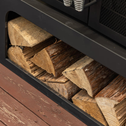 Deko Living 70 Inch Rectangular Outdoor Steel Woodburning Fireplace with Side Tables - Integrated Log Storage and Log Poker - CookCave