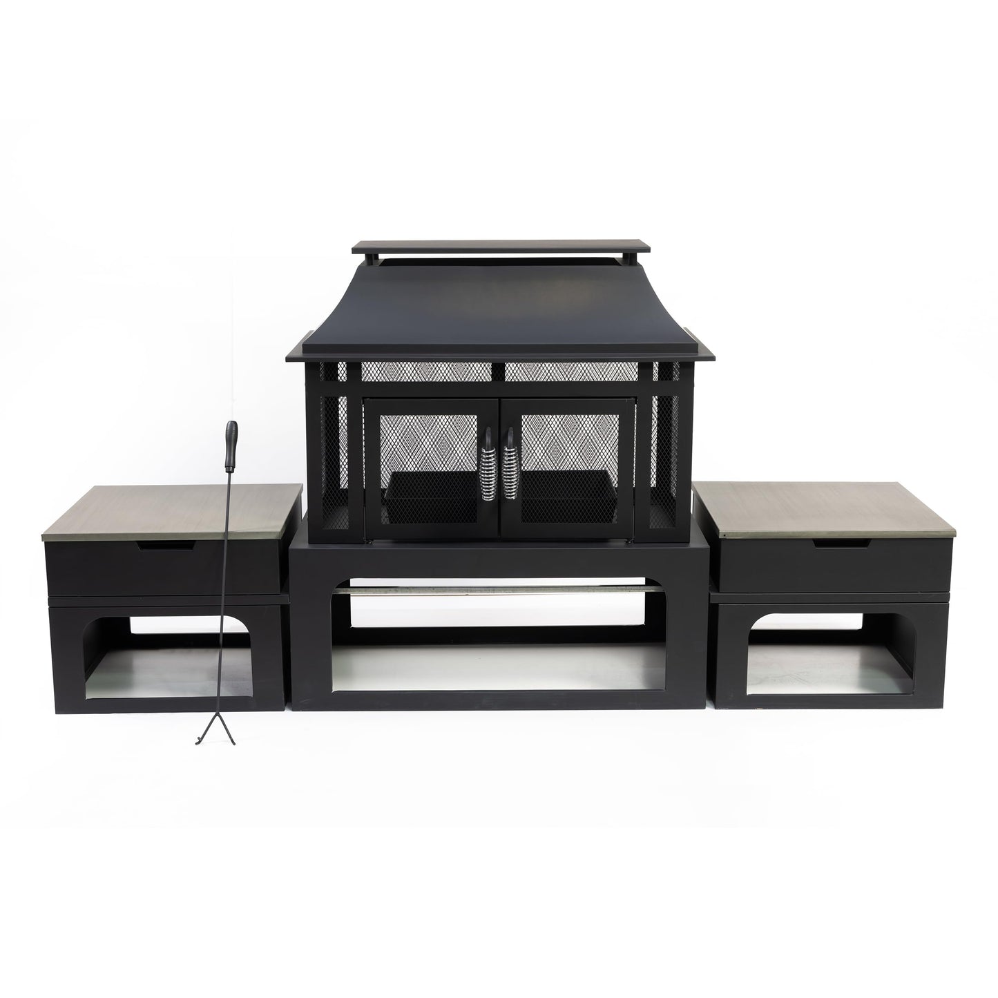 Deko Living 70 Inch Rectangular Outdoor Steel Woodburning Fireplace with Side Tables - Integrated Log Storage and Log Poker - CookCave